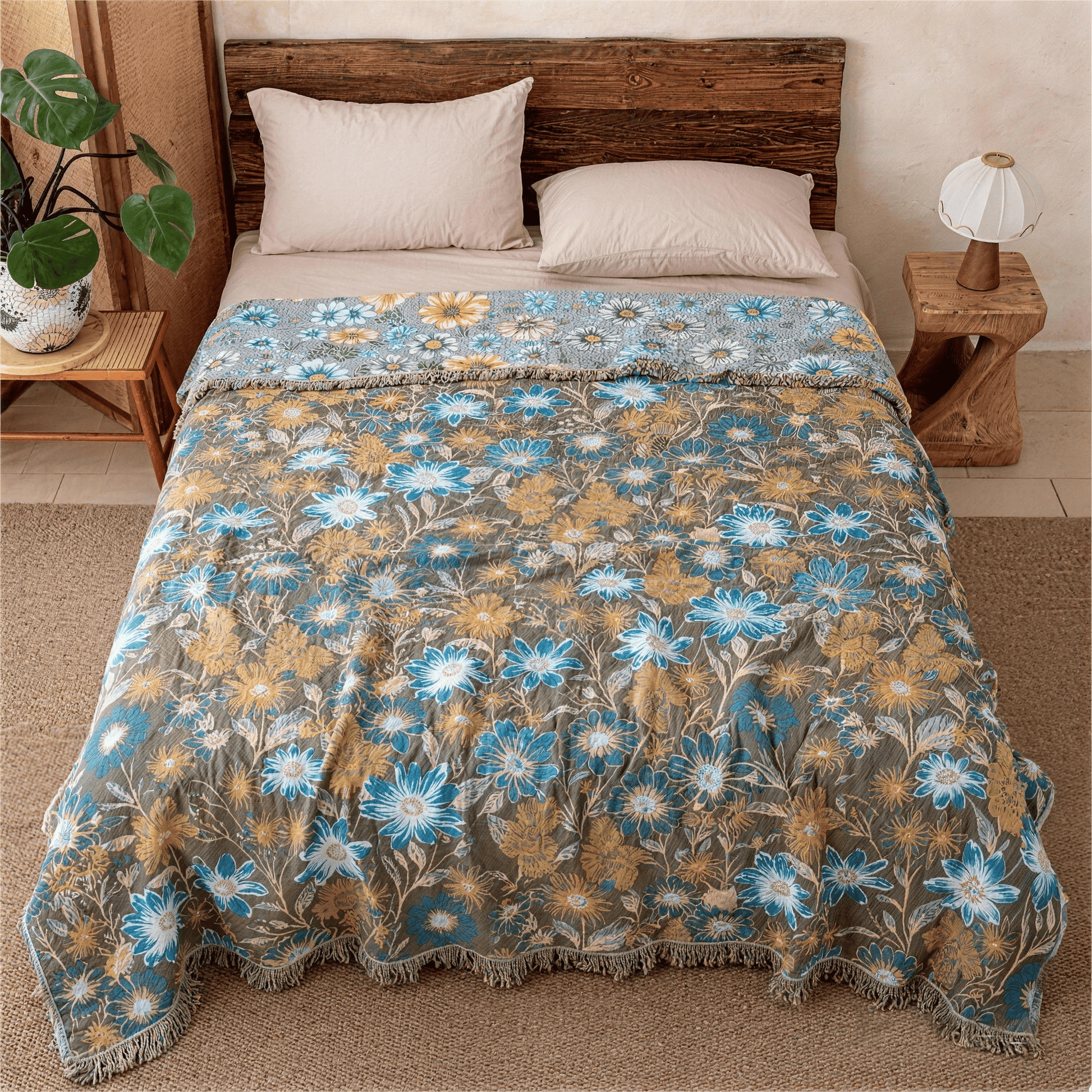 Ownkoti Vintage Floral Daisy Fringed Gauze Quilt - image 3