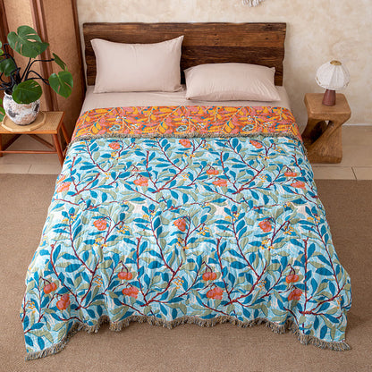 Ownkoti Vintage Botanical Fringed Reversible Gauze Quilt - Blue - Queen - image 4