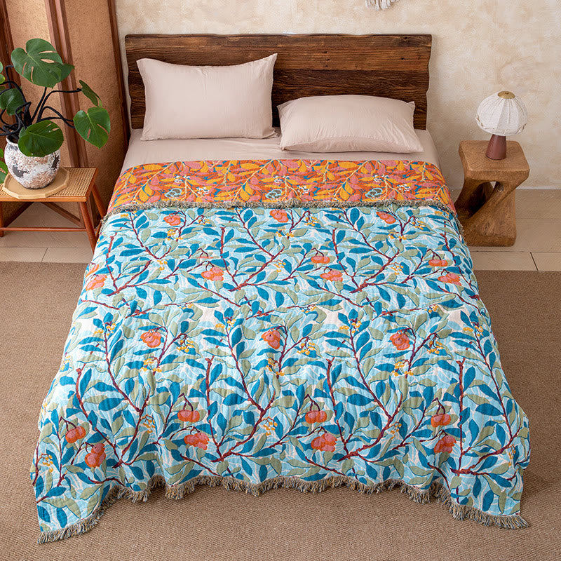 Ownkoti Vintage Botanical Fringed Reversible Gauze Quilt - Blue - Queen - image 4