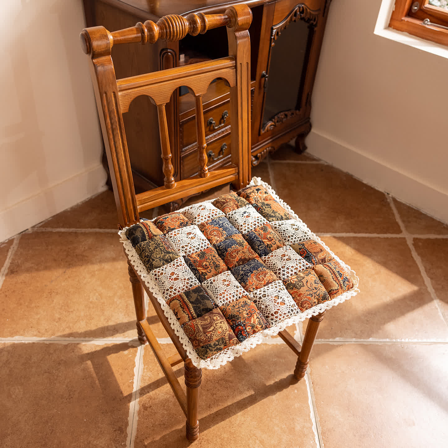 Ownkoti Bohemian Patchwork Square Chair Pad  - Brown - 16" x 16" - image 1