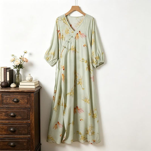Ownkoti Koi & Floral Cotton Maxi Loungewear Dress - Green - XL - image 0