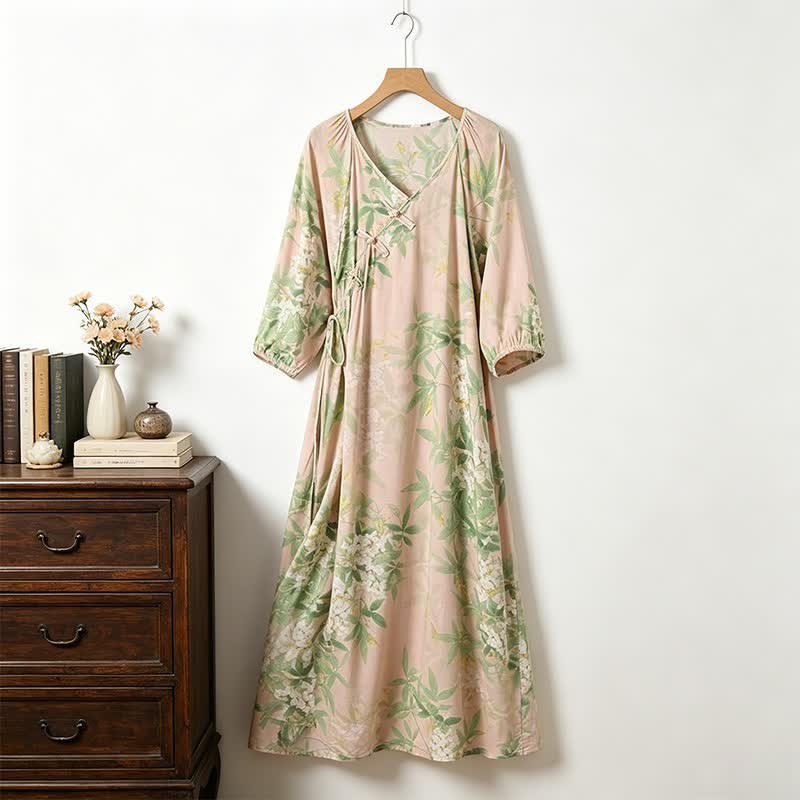 Ownkoti Oriental Floral Leaf Cotton Loungewear Dress - Pink - XL - image 0