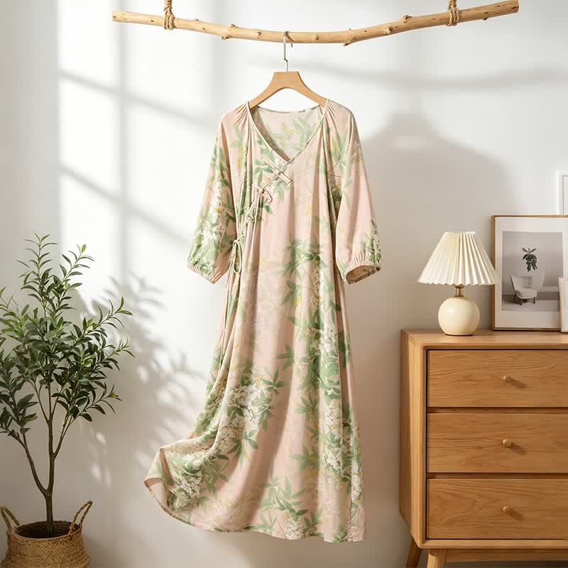 Ownkoti Oriental Floral Leaf Cotton Loungewear Dress - image 1