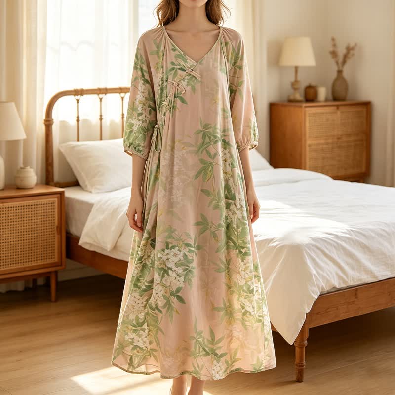 Ownkoti Oriental Floral Leaf Cotton Loungewear Dress - image 2