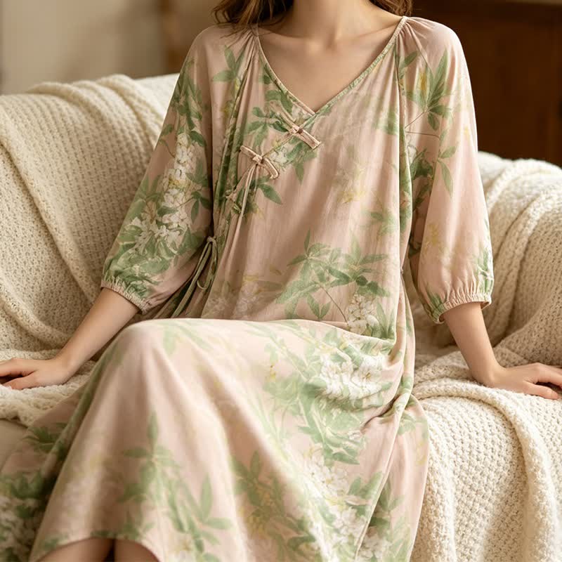 Ownkoti Oriental Floral Leaf Cotton Loungewear Dress - image 3