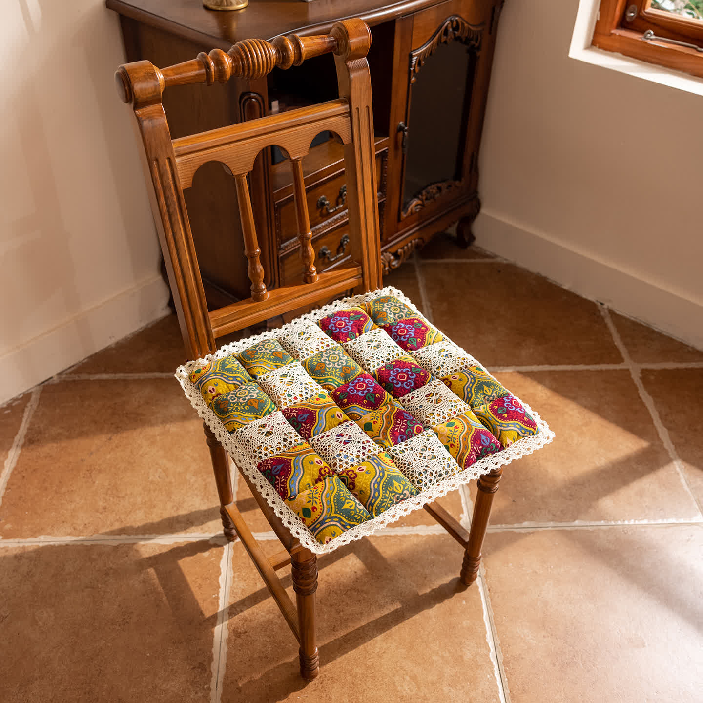 Ownkoti Vintage Ethnic Style Quilted Chair Cushion - Yellow - 16" x 16" - image 0