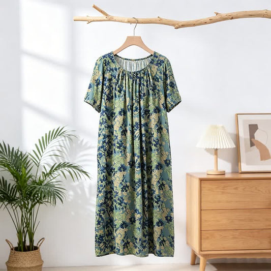 Ownkoti Green Floral Gathered Neck Lounge Dress - Green - XL - image 0