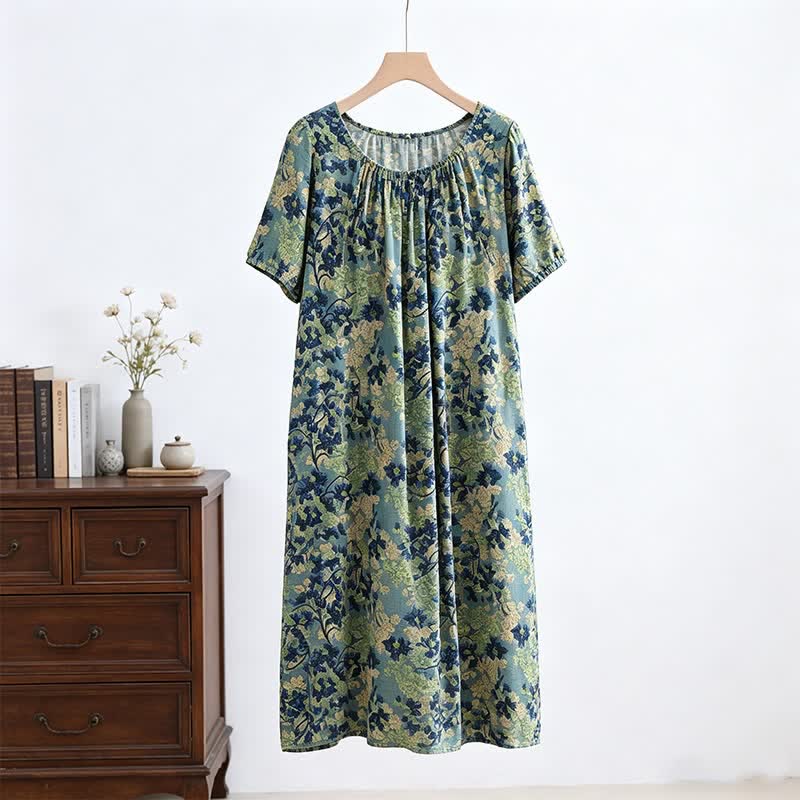 Ownkoti Green Floral Gathered Neck Lounge Dress - image 1