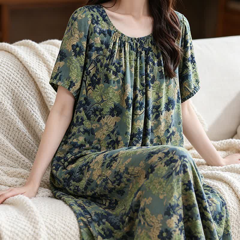 Ownkoti Green Floral Gathered Neck Lounge Dress - image 3