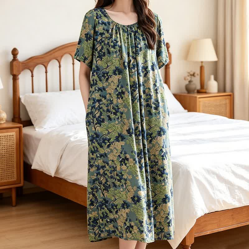 Ownkoti Green Floral Gathered Neck Lounge Dress - image 2