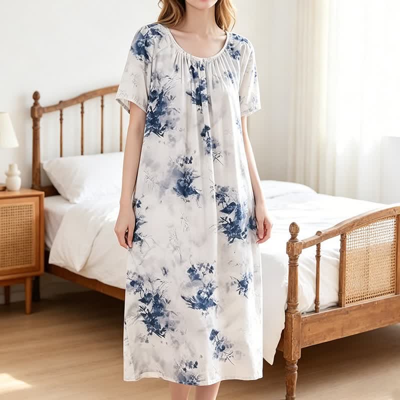 Ownkoti Blue Ink Style Floral Lounge Dress - image 2