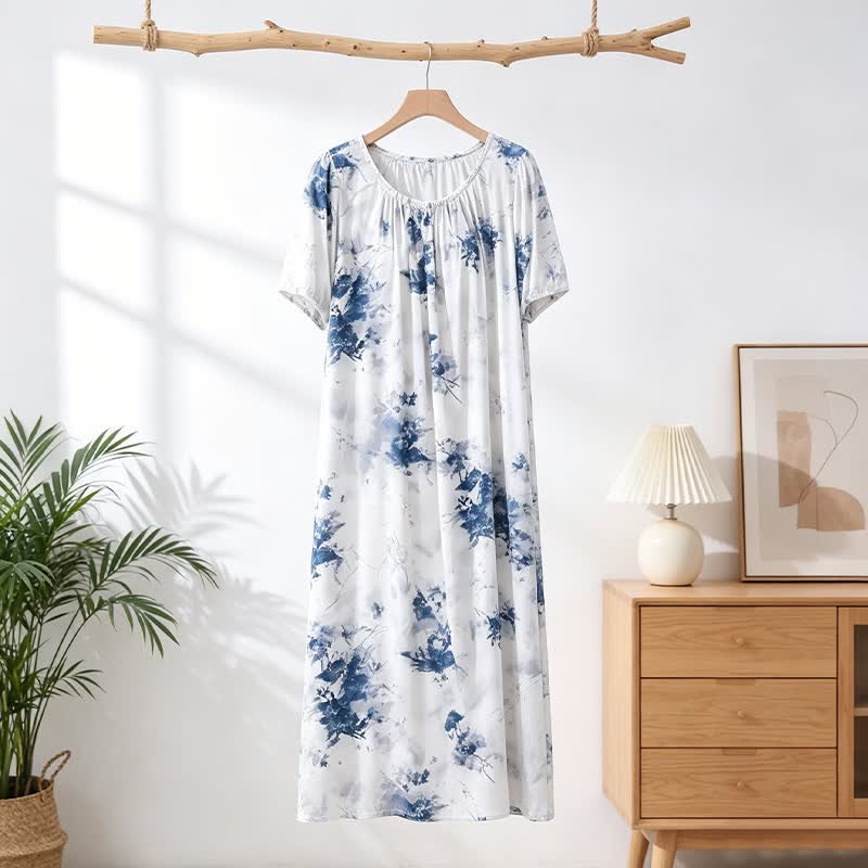Ownkoti Blue Ink Style Floral Lounge Dress - White - 4XL - image 0