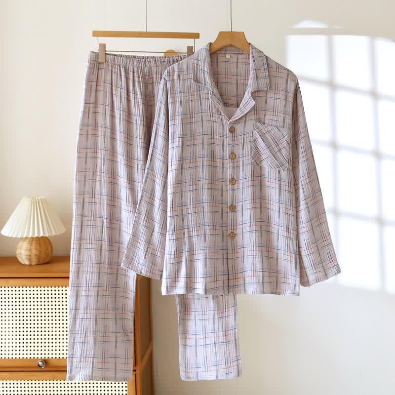 Ownkoti Colorful Stripe Check Cotton Matching Pajamas - Men: Gray - 2XL - image 17