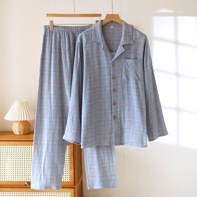 Ownkoti Colorful Stripe Check Cotton Matching Pajamas - Men: Blue - 2XL - image 25