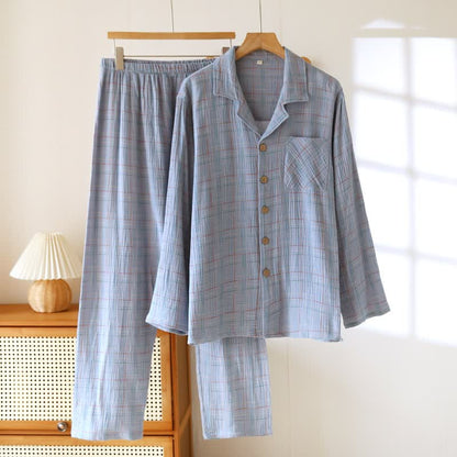 Ownkoti Colorful Stripe Check Cotton Matching Pajamas - Men: Blue - 2XL - image 25