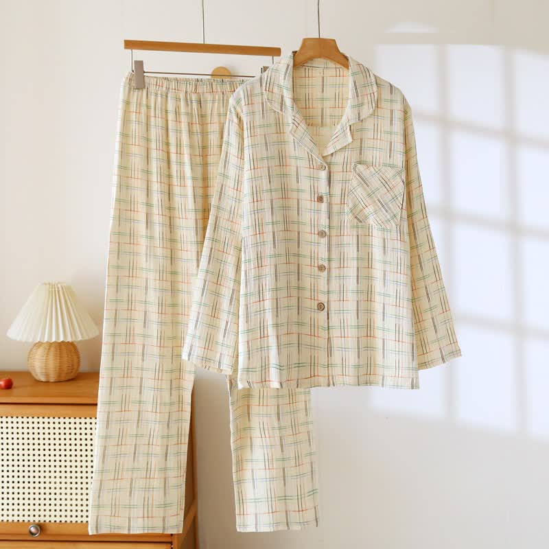 Ownkoti Colorful Stripe Check Cotton Matching Pajamas - Women: Beige - 2XL - image 8