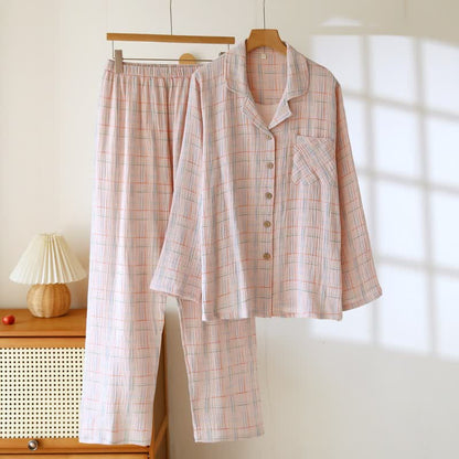 Ownkoti Colorful Stripe Check Cotton Matching Pajamas - Women: Light Pink - 2XL - image 16