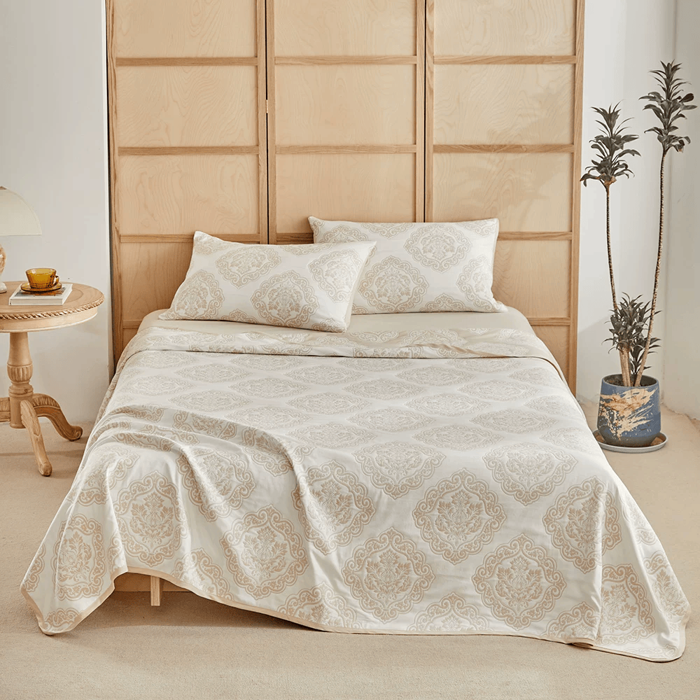 Ownkoti Vintage European Scroll Jacquard Bedding Set - Khaki - Quilt with 2pcs pillowcases - King - image 0