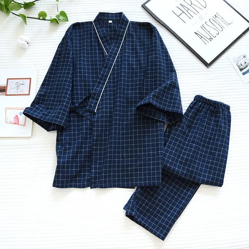 Ownkoti Couple Matching Gird Cotton Kimono Pajamas - image 2