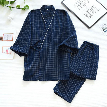 Ownkoti Couple Matching Gird Cotton Kimono Pajamas - image 2