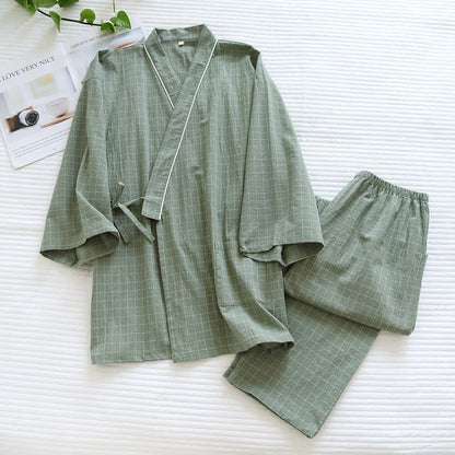 Ownkoti Couple Matching Gird Cotton Kimono Pajamas - Green - Female - XL - image 9