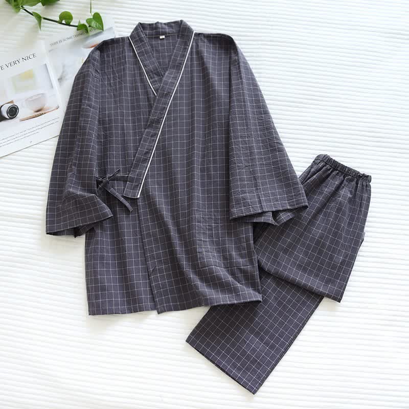 Ownkoti Couple Matching Gird Cotton Kimono Pajamas - Dark Gray - Male - XL - image 8