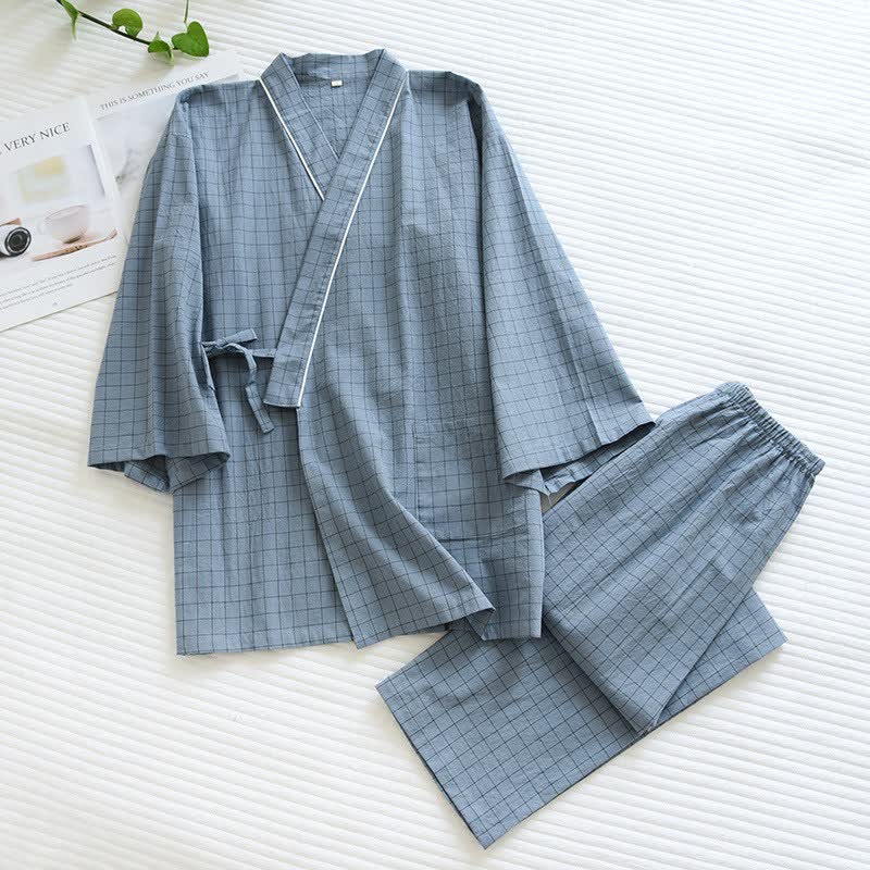 Ownkoti Couple Matching Gird Cotton Kimono Pajamas - Gray - Male - XL - image 3