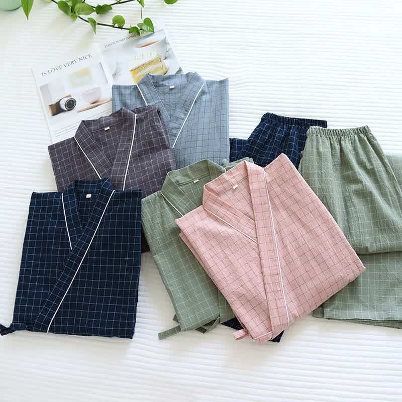 Ownkoti Couple Matching Gird Cotton Kimono Pajamas - image 0