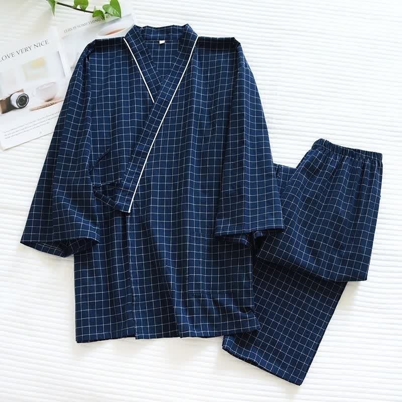 Ownkoti Couple Matching Gird Cotton Kimono Pajamas - Navy Blue - Female - XL - image 1