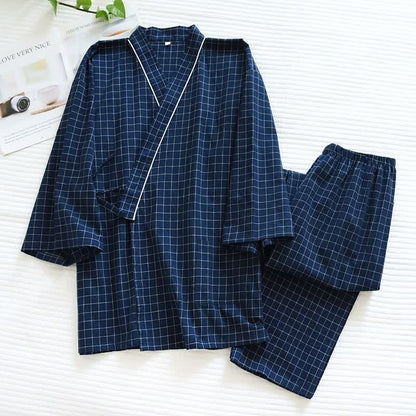 Ownkoti Couple Matching Gird Cotton Kimono Pajamas - Navy Blue - Female - XL - image 1