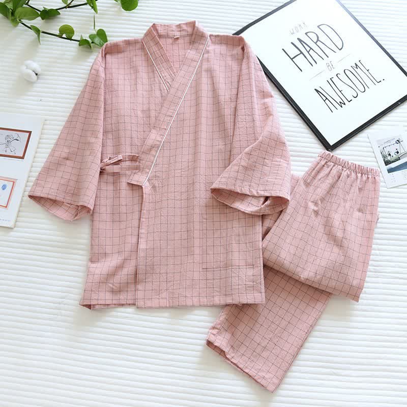Ownkoti Couple Matching Gird Cotton Kimono Pajamas - Pink - Female - XL - image 11