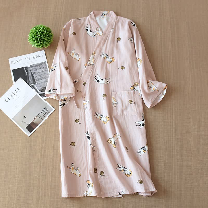 Ownkoti Couple Matching Cat Cotton Kimono Robe - Pink - Female - XL - image 3
