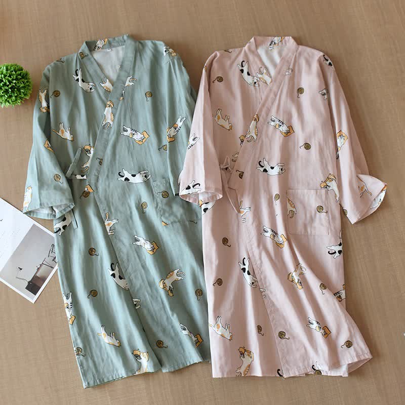 Ownkoti Couple Matching Cat Cotton Kimono Robe - image 0