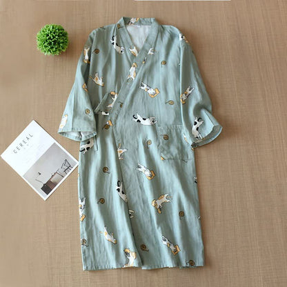Ownkoti Couple Matching Cat Cotton Kimono Robe - Green - Male - XL - image 11