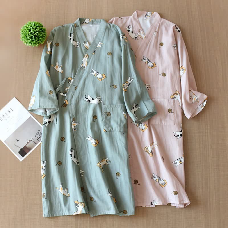 Ownkoti Couple Matching Cat Cotton Kimono Robe - image 2