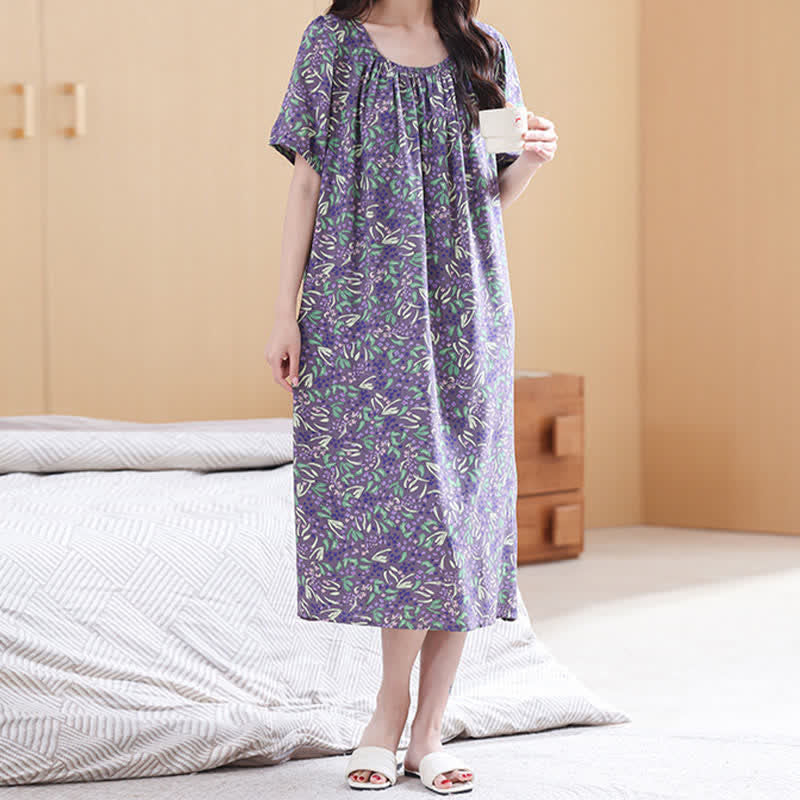 Ownkoti Purple Floral Gathered Neck Lounge Dress - image 2