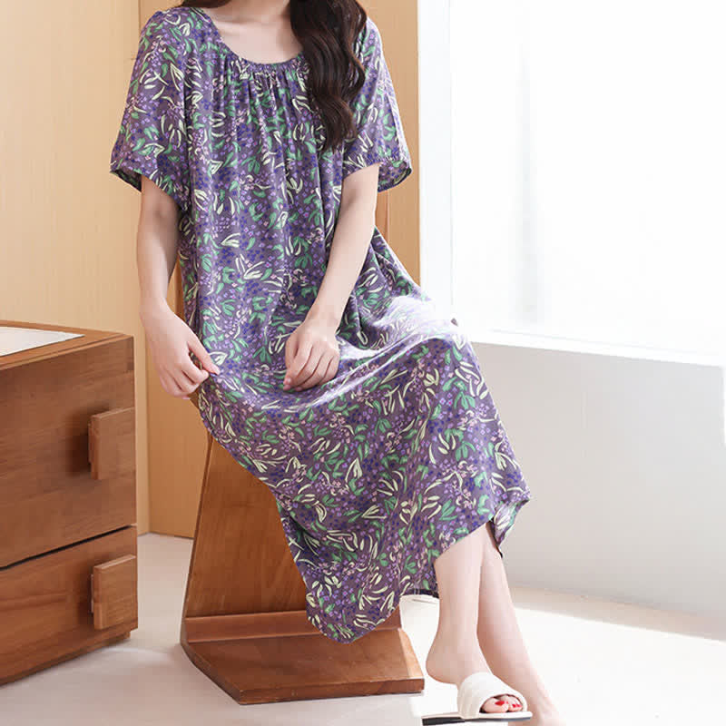 Ownkoti Purple Floral Gathered Neck Lounge Dress - image 3