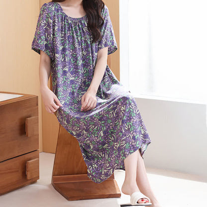 Ownkoti Purple Floral Gathered Neck Lounge Dress - image 3