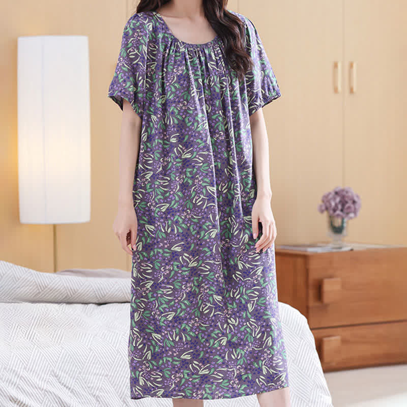 Ownkoti Purple Floral Gathered Neck Lounge Dress - image 4