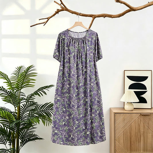 Ownkoti Purple Floral Gathered Neck Lounge Dress - Purple - XL - image 0