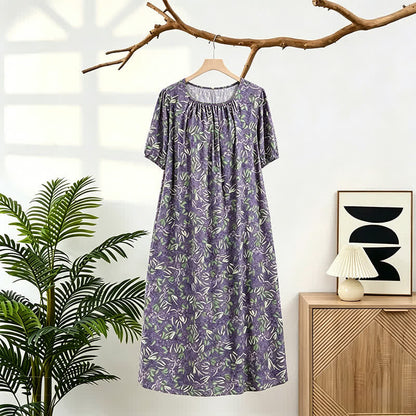 Ownkoti Purple Floral Gathered Neck Lounge Dress - Purple - 4XL - image 0
