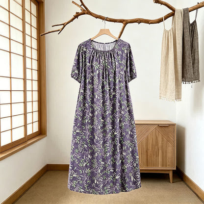 Ownkoti Purple Floral Gathered Neck Lounge Dress - image 1