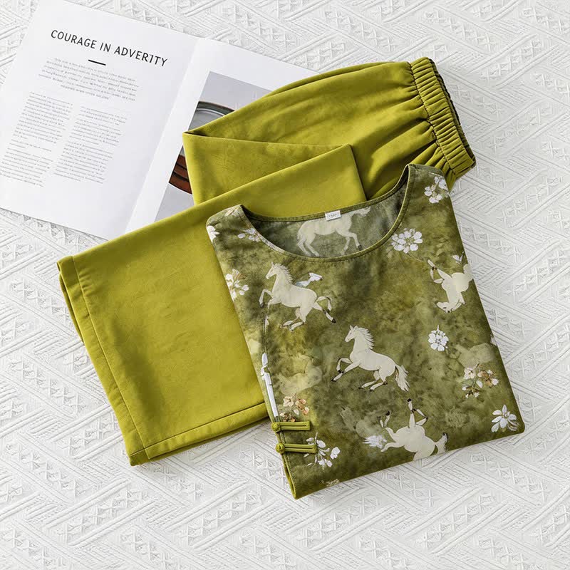 Ownkoti Horse Print Eastern-Inspired Loungewear Set - Green - M - image 0