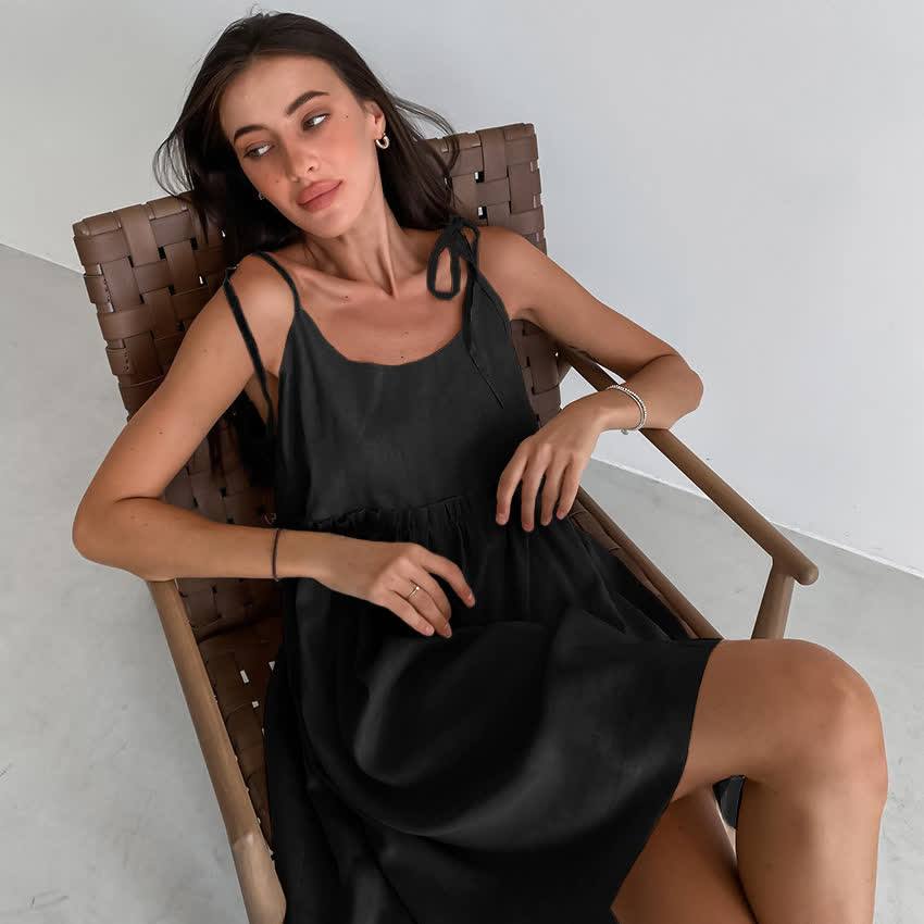 Ownkoti Casual Cotton Linen Tie Strap Nightdress - Black - XL - image 16