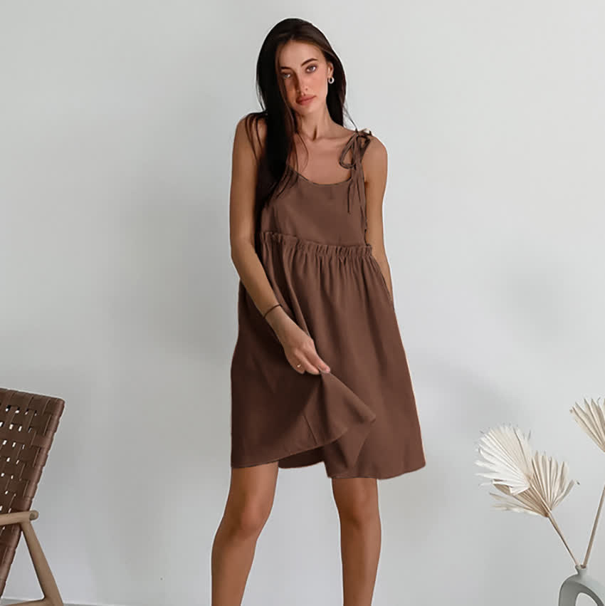 Ownkoti Casual Cotton Linen Tie Strap Nightdress - Brown - XL - image 13