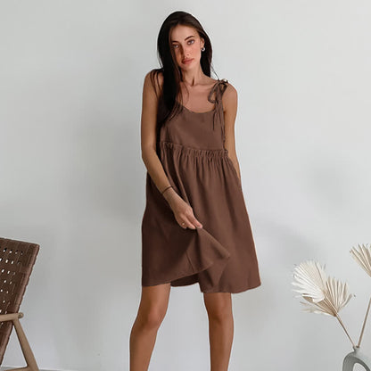 Ownkoti Casual Cotton Linen Tie Strap Nightdress - Brown - XL - image 13