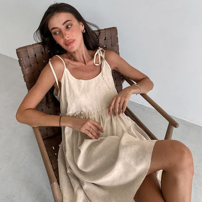 Ownkoti Casual Cotton Linen Tie Strap Nightdress - Beige - XL - image 0