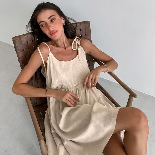 Ownkoti Casual Cotton Linen Tie Strap Nightdress - Beige - XL - image 0