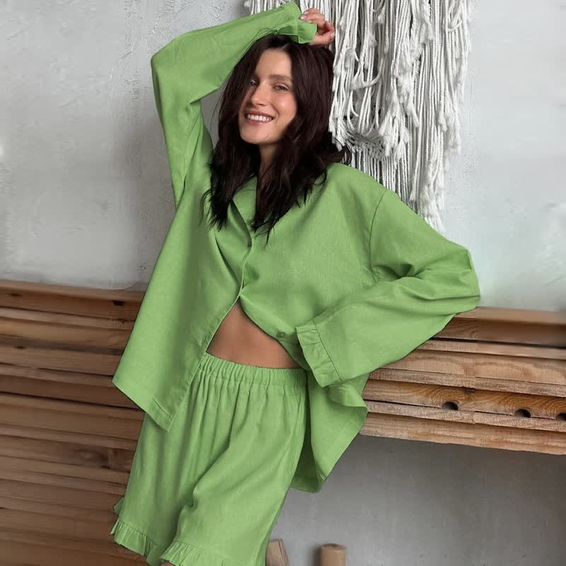 Ownkoti Solid Cotton Ruffle Trim Women's Pajamas - Green - L - image 10