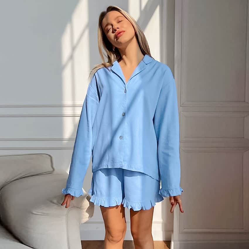 Ownkoti Solid Cotton Ruffle Trim Women's Pajamas - Blue - L - image 9
